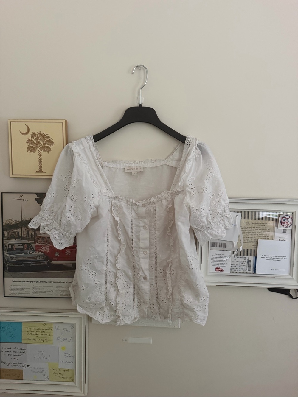 Jennifer and Grace Medium White Eyelet Peasant Blouse - Women's Top